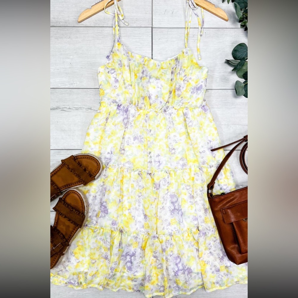 Floral ruffle tiered dress tie straps with smocked back size large